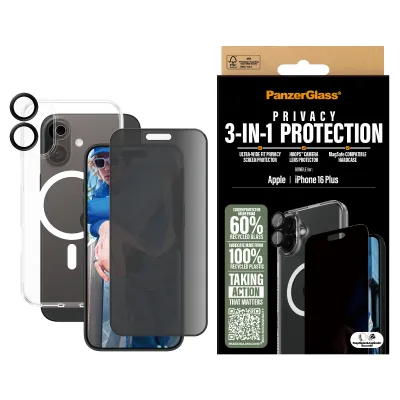 PanzerGlass - Bundle Hoops + Tvrdené sklo UWF Privacy + Hard Case pre iPhone 16 Plus