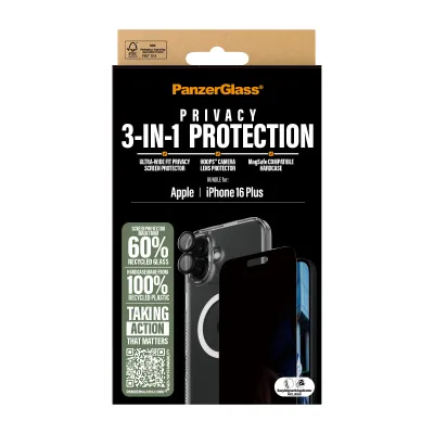 PanzerGlass - Bundle Hoops + Tvrdené sklo UWF Privacy + Hard Case pre iPhone 16 Plus