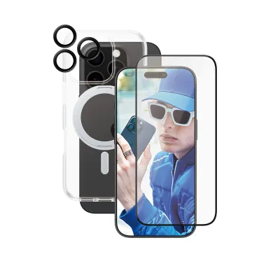 CARE - Bundle Hoops Ceramic + Tvrdené sklo UWF Ceramic + Puzdro Kickstand pre iPhone 16 Pro