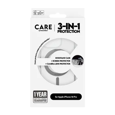 CARE - Bundle Hoops Ceramic + Tvrdené sklo UWF Ceramic + Puzdro Kickstand pre iPhone 16 Pro