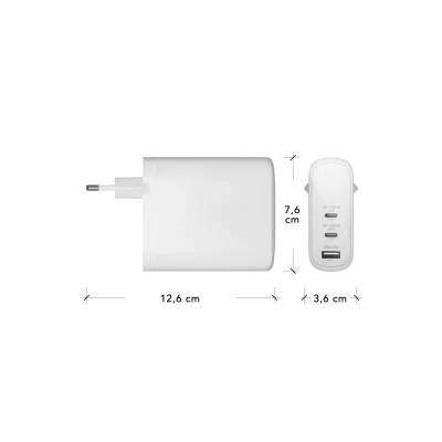 dbramante1928 - Cestovný adaptér re-charge GaN 2x USB-C/USB-A, 140 W/100 W/18 W, biela