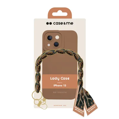 case&me - Puzdro Lady Case s retiazkou na zápästie a šatkou pre iPhone 13, hnedá