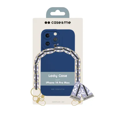 case&me - Puzdro Lady Case s retiazkou na zápästie a šatkou pre iPhone 14 Pro Max, modrá
