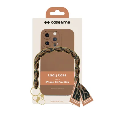 case&me - Puzdro Lady Case s retiazkou na zápästie a šatkou pre iPhone 14 Pro Max, hnedá