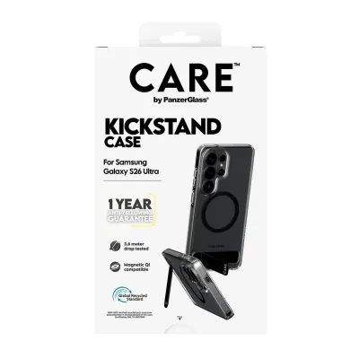 CARE - Puzdro Kickstand s čiernym QI pre Samsung Galaxy S26 Ultra, transparentná