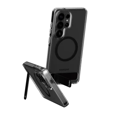 CARE - Puzdro Kickstand s čiernym QI pre Samsung Galaxy S26 Ultra, transparentná