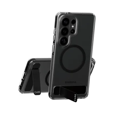 CARE - Puzdro Kickstand s čiernym QI pre Samsung Galaxy S26 Ultra, transparentná