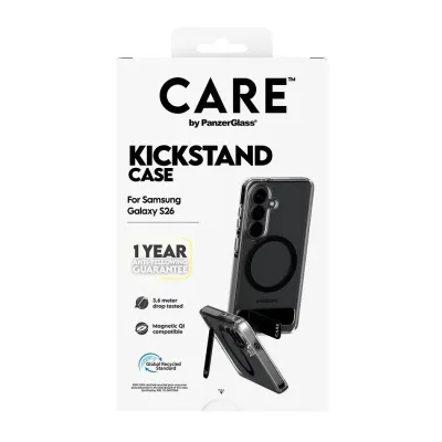 CARE - Puzdro Kickstand s čiernym QI pre Samsung Galaxy S26, transparentná