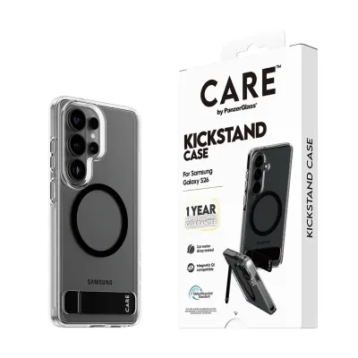 CARE - Puzdro Kickstand s čiernym QI pre Samsung Galaxy S26, transparentná
