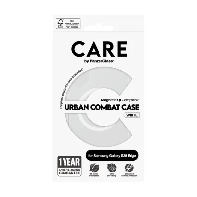 CARE - Puzdro Urban Combat s bielym QI pre Samsung Galaxy S25 Edge, transparentná