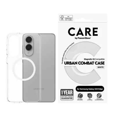 CARE - Puzdro Urban Combat s bielym QI pre Samsung Galaxy S25 Edge, transparentná