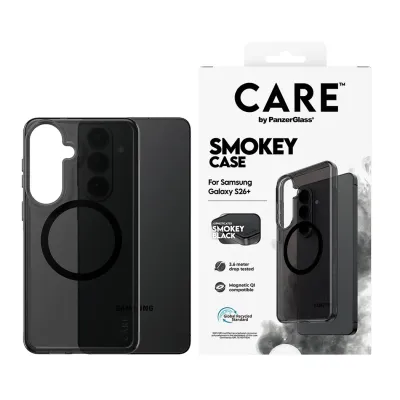CARE - Puzdro Smokey s čiernym QI pre Samsung Galaxy S26+, čierna
