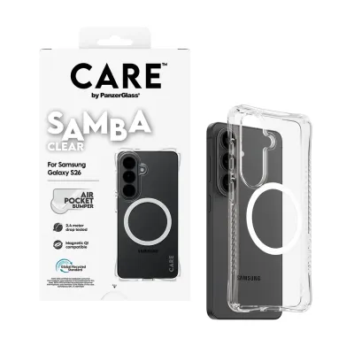 CARE - Puzdro Samba s bielym QI pre Samsung Galaxy S26, transparentná