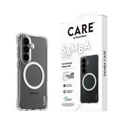 CARE - Puzdro Samba s bielym QI pre Samsung Galaxy S26, transparentná