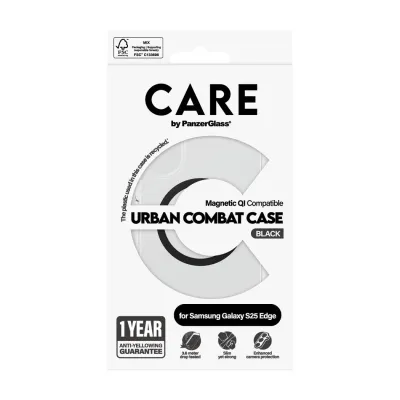 CARE - Puzdro Urban Combat s čiernym QI pre Samsung Galaxy S25 Edge, transparentná