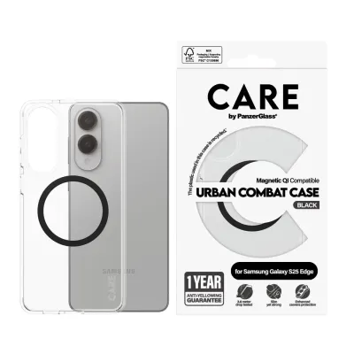 CARE - Puzdro Urban Combat s čiernym QI pre Samsung Galaxy S25 Edge, transparentná