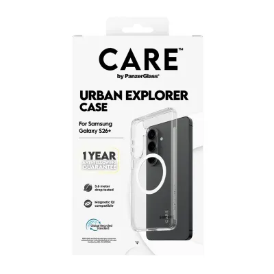 CARE - Puzdro Urban Explorer s bielym QI pre Samsung Galaxy S26+, transparentná