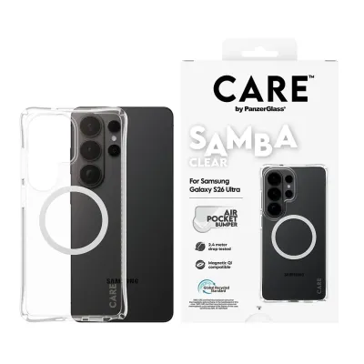 CARE - Puzdro Samba s bielym QI pre Samsung Galaxy S26 Ultra, transparentná