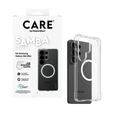 CARE - Puzdro Samba s bielym QI pre Samsung Galaxy S26 Ultra, transparentná