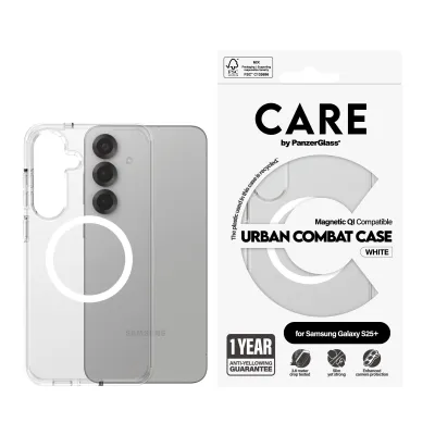 CARE - Puzdro Urban Combat s bielym QI pre Samsung Galaxy S25+, transparentná