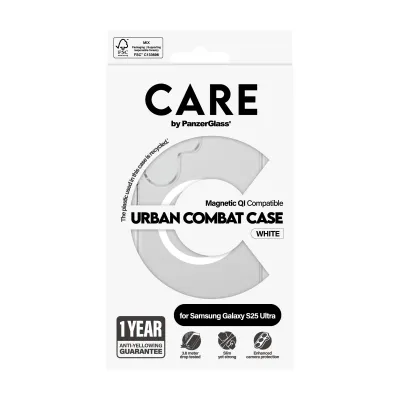 CARE - Puzdro Urban Combat s bielym QI pre Samsung Galaxy S25 Ultra, transparentná