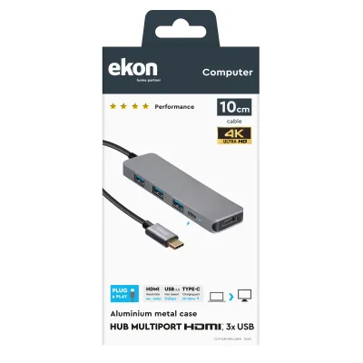 Ekon - Hliníkový USB hub, USB-C/HDMI, 3x USB-A 3.0, sivá