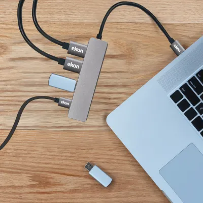 Ekon - Hliníkový USB hub, USB-C/HDMI, 3x USB-A 3.0, sivá