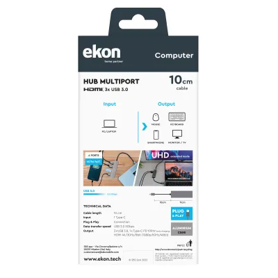 Ekon - Hliníkový USB hub, USB-C/HDMI, 3x USB-A 3.0, sivá