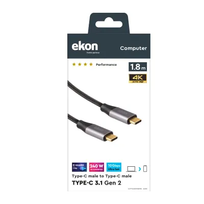 Ekon - Kábel USB-C/USB-C, 240 W, Power Delivery, 1,8 m, čierna