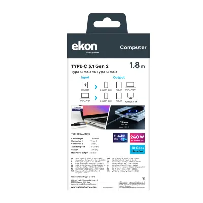 Ekon - Kábel USB-C/USB-C, 240 W, Power Delivery, 1,8 m, čierna