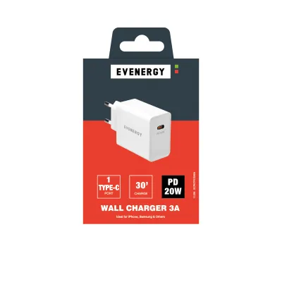 EVENERGY - Cestovný adaptér USB-C, 20 W, PD, biela