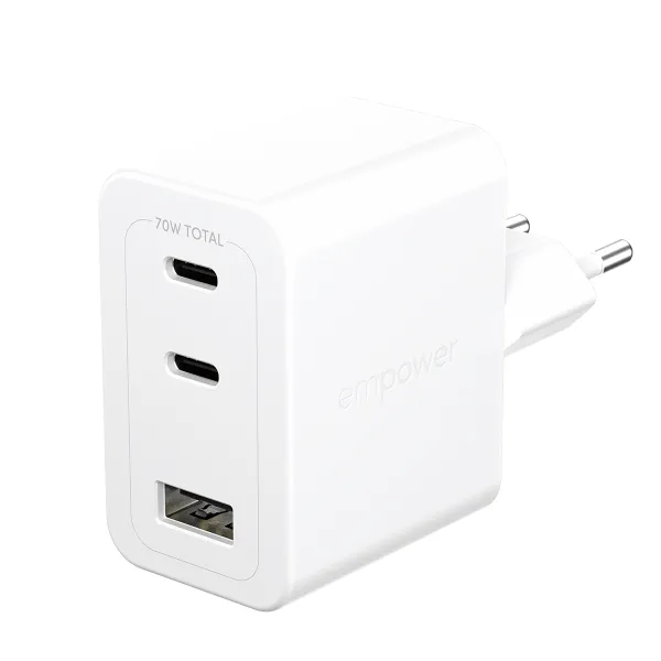 empower - Cestovný adaptér Grand Prix 2x USB-C/USB-A, GaN, 70 W PD, striebornobiela