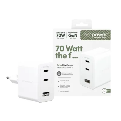 empower - Cestovný adaptér Grand Prix 2x USB-C/USB-A, GaN, 70 W PD, striebornobiela