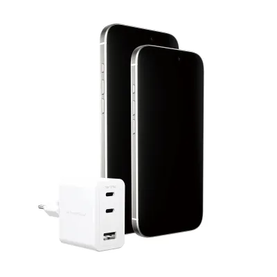 empower - Cestovný adaptér Grand Prix 2x USB-C/USB-A, GaN, 70 W PD, striebornobiela