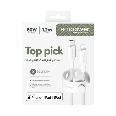 empower - Kábel USB-C/Lightning, 60 W, Racing, 1,2 m, striebornobiela