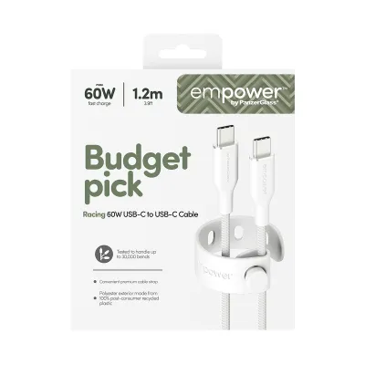 empower - Kábel USB-C, 60 W, Racing, 1,2 m, striebornobiela