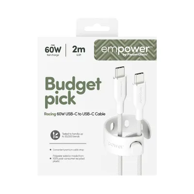 empower - Kábel USB-C, 60 W, Racing, 2 m, striebornobiela