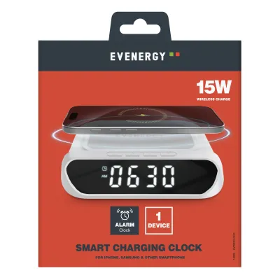 EVENERGY - Bezdrôtová nabíjacia stanica s hodinami, 15 W, čierna