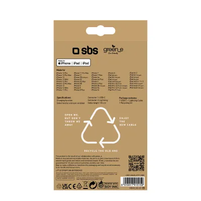 SBS - Kábel USB-C/MFI Lightning, 10 W, green_e line, 1,2 m, biela