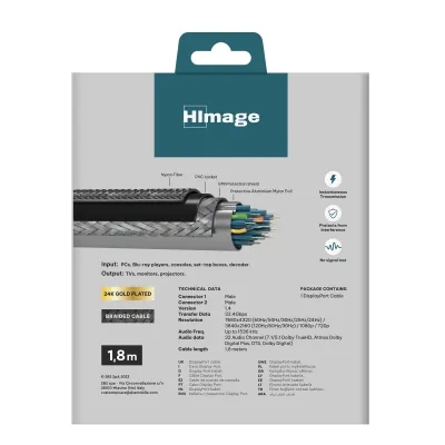 HImage - Kábel Display Port v.2.0 Ethernet, pozlátený, 1,8 m, šedá