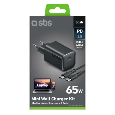 SBS - Cestovná nabíjacia sada Mini, USB-C PD 65 W, GaN + kábel USB-C, 2 m, čierna