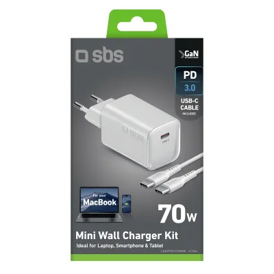 SBS - Cestovná nabíjacia sada Mini, USB-C PD 70 W, GaN + kábel USB-C, 2 m, biela