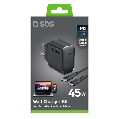 SBS - Cestovná nabíjacia sada USB-C PD 45 W + kábel USB-C, 2 m, čierna