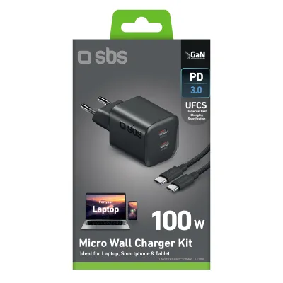 SBS - Cestovná nabíjacia sada Micro, 2x USB-C, PD100 W GaN + kábel USB-C, 2 m, čierna