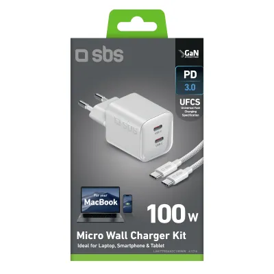 SBS - Cestovná nabíjacia sada Micro, 2x USB-C, PD100 W GaN + kábel USB-C, 2 m, biela