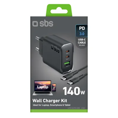 SBS - Cestovná nabíjacia sada 2x USB-C/USB-A, PD 140 W + kábel USB-C, 2 m, čierna