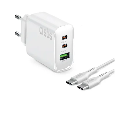 SBS - Cestovná nabíjacia sada 2x USB-C/USB-A, PD 140 W + kábel USB-C, 2 m, biela