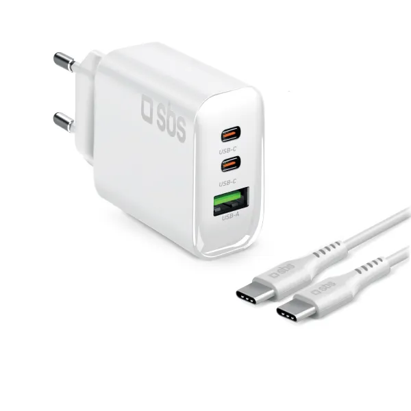 SBS - Cestovná nabíjacia sada 2x USB-C/USB-A, PD 140 W + kábel USB-C, 2 m, biela