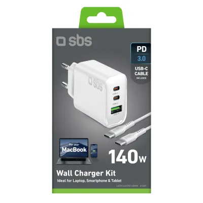 SBS - Cestovná nabíjacia sada 2x USB-C/USB-A, PD 140 W + kábel USB-C, 2 m, biela