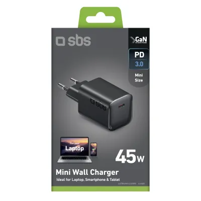 SBS - Cestovný adaptér Mini, GaN, USB-C PD, 45 W, čierna